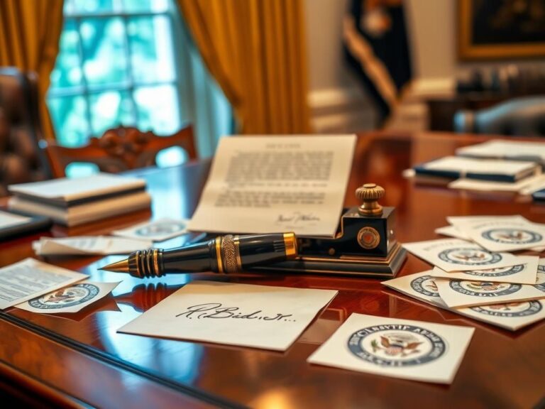 Flick International Close-up of a polished wooden desk featuring an ornate autopen machine used for signing documents