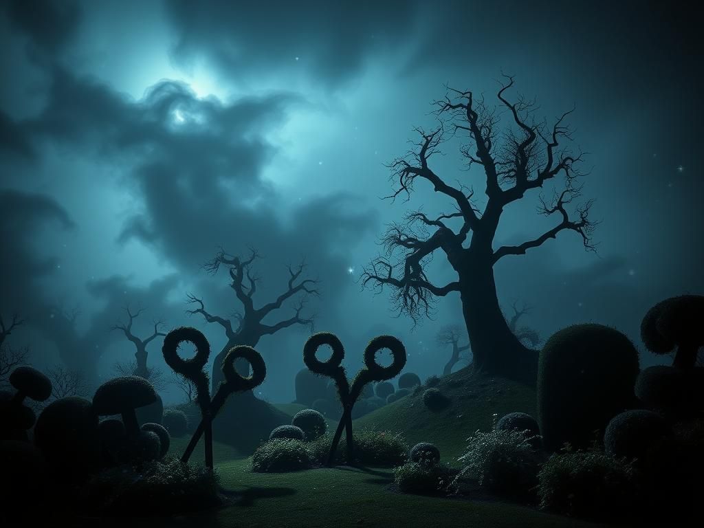 Flick International A surreal landscape inspired by Johnny Depp's role in Edward Scissorhands, featuring an intricate topiary shaped like scissors.