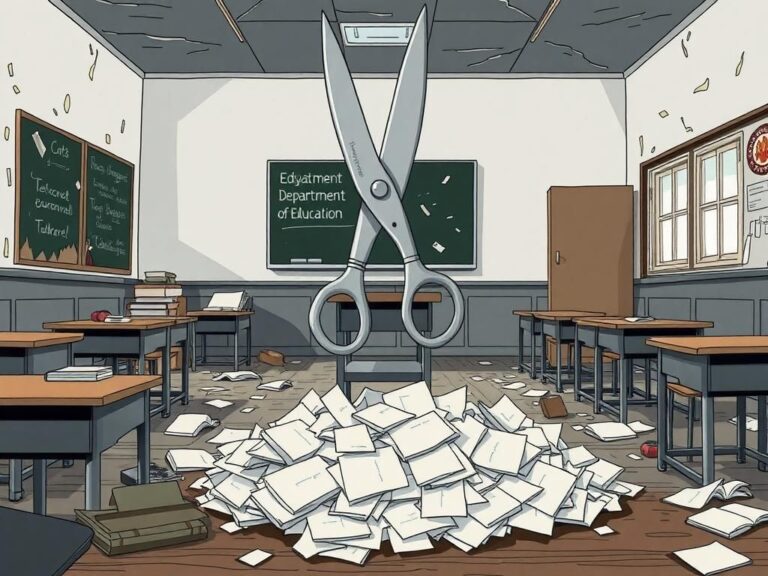 Flick International illustration of a chaotic classroom with empty desks and a pair of scissors hovering over education papers