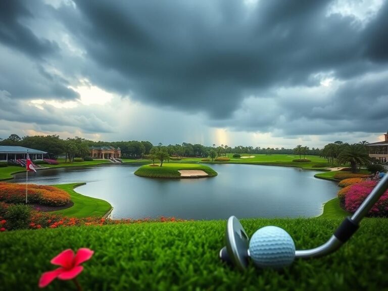 Flick International Dramatic scene at TPC Sawgrass showcasing the 17th hole island green with golfers and spectators