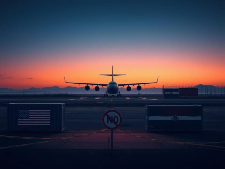 Flick International Military cargo plane silhouetted against a twilight sky with a barren runway in the foreground, depicting deportation flights.