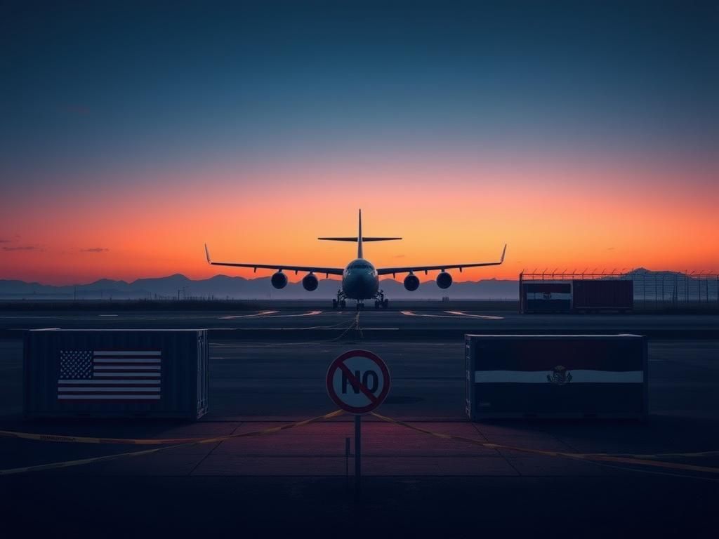 Flick International Military cargo plane silhouetted against a twilight sky with a barren runway in the foreground, depicting deportation flights.