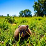 Flick International Baby wombat curled up in grass with mother in background