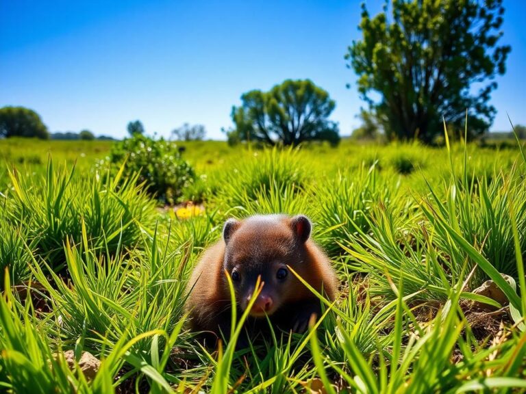 Flick International Baby wombat curled up in grass with mother in background