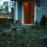 Flick International Coyote lurking in suburban front yard near a family home