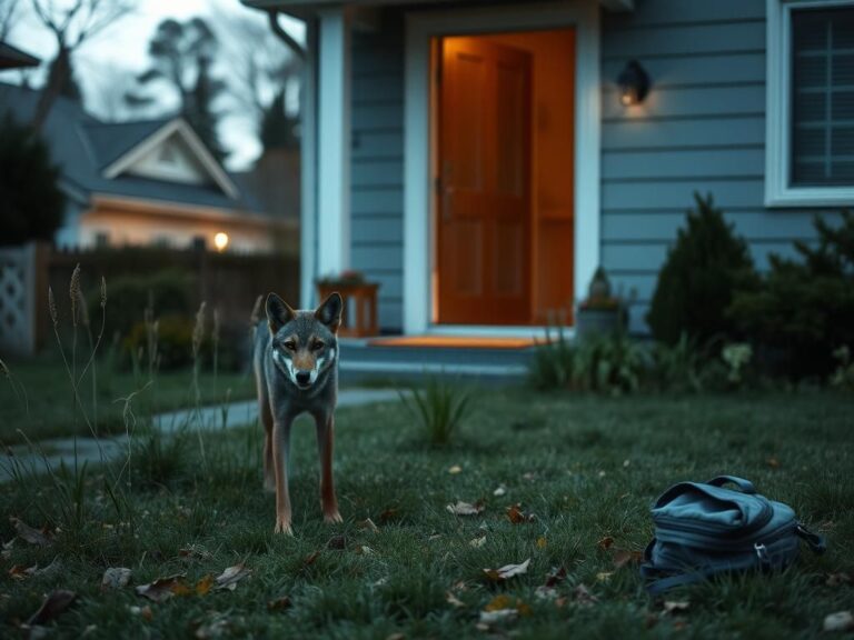 Flick International Coyote lurking in suburban front yard near a family home