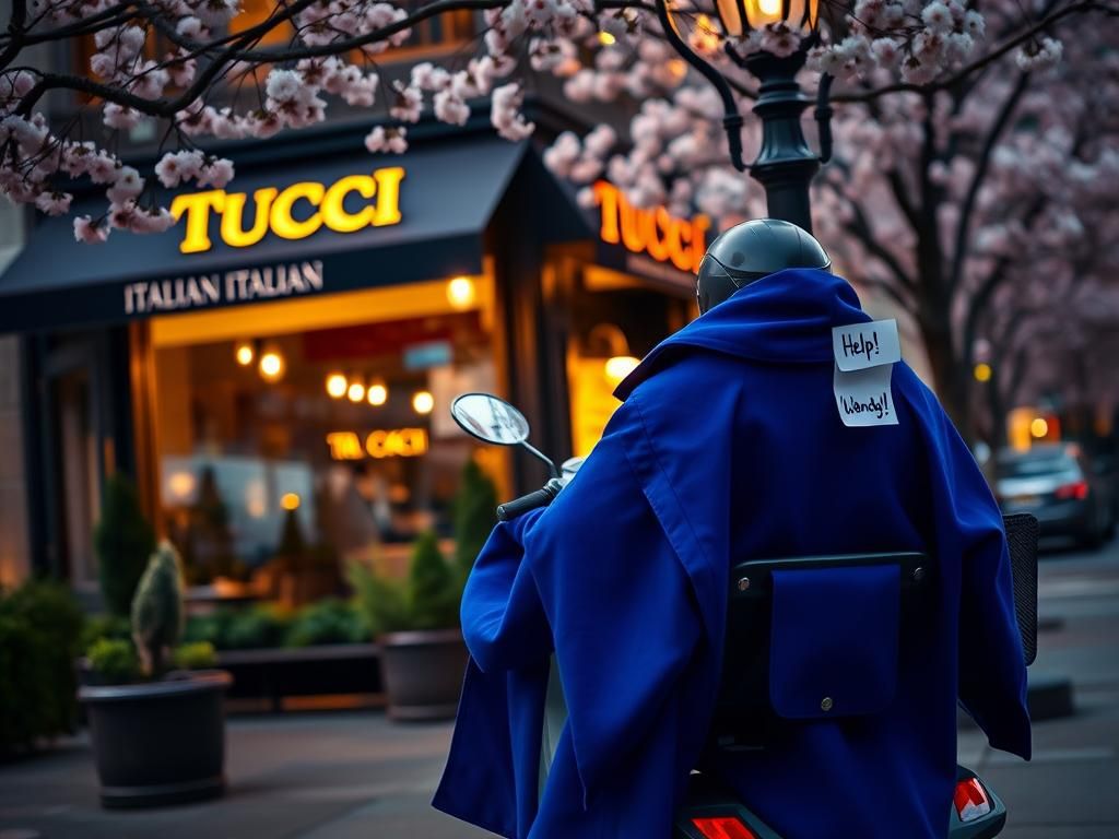 Flick International A bustling New York City street scene featuring a stylish Italian restaurant and a mobility scooter with a blue coat