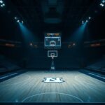 Flick International Intense college basketball court with empty bleachers and NCAA Tournament scoreboard