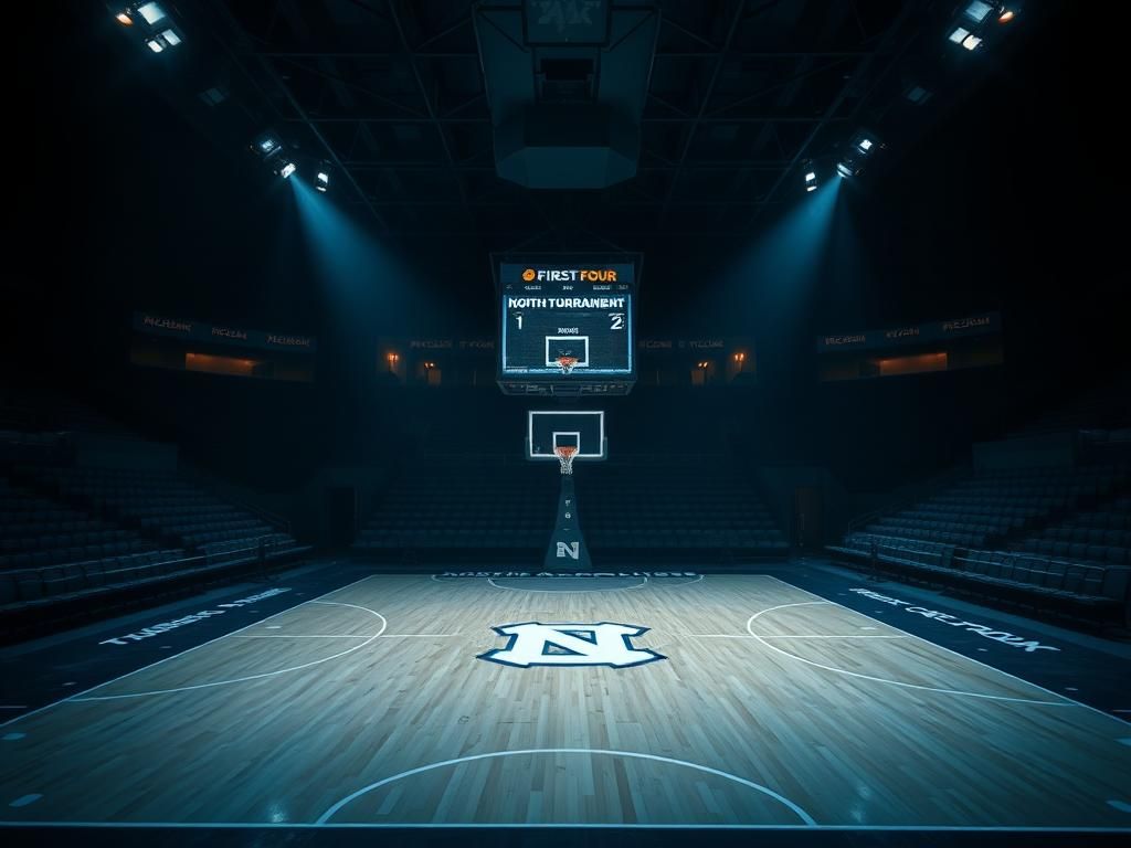 Flick International Intense college basketball court with empty bleachers and NCAA Tournament scoreboard