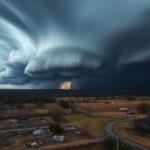 Flick International Tornado forming over a devastated landscape in Arkansas with dark storm clouds and damaged homes