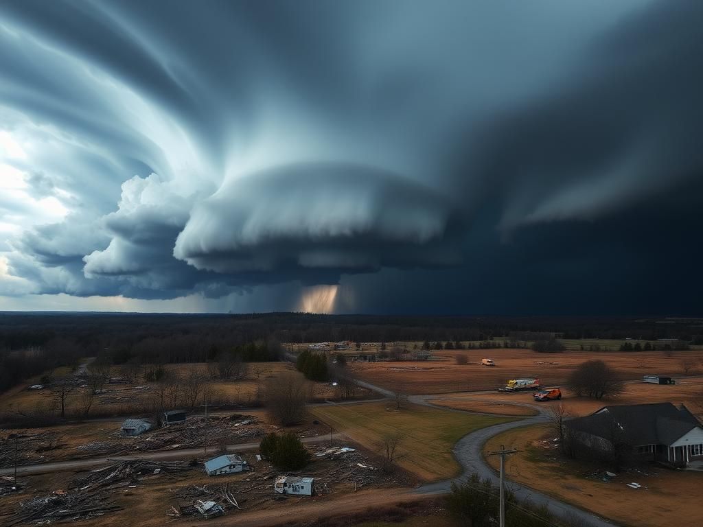 Flick International Tornado forming over a devastated landscape in Arkansas with dark storm clouds and damaged homes