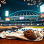 Flick International A vibrant night scene of the Tokyo Dome with a Dodgers jersey, bat, and glove symbolizing Mookie Betts' absence.