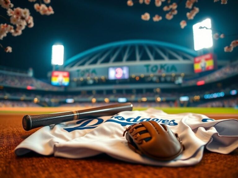 Flick International A vibrant night scene of the Tokyo Dome with a Dodgers jersey, bat, and glove symbolizing Mookie Betts' absence.