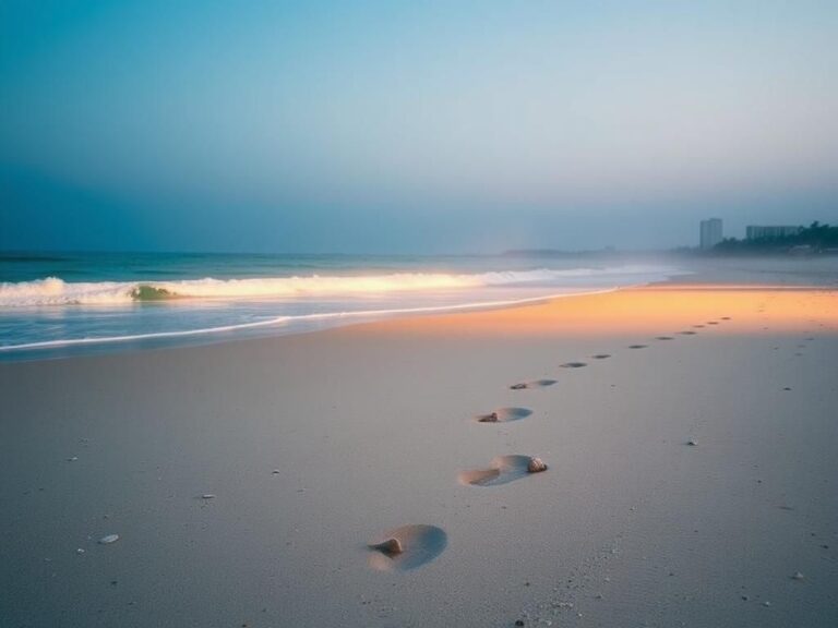 Flick International Serene beach scene at dawn with gentle waves and footprints leading to the water