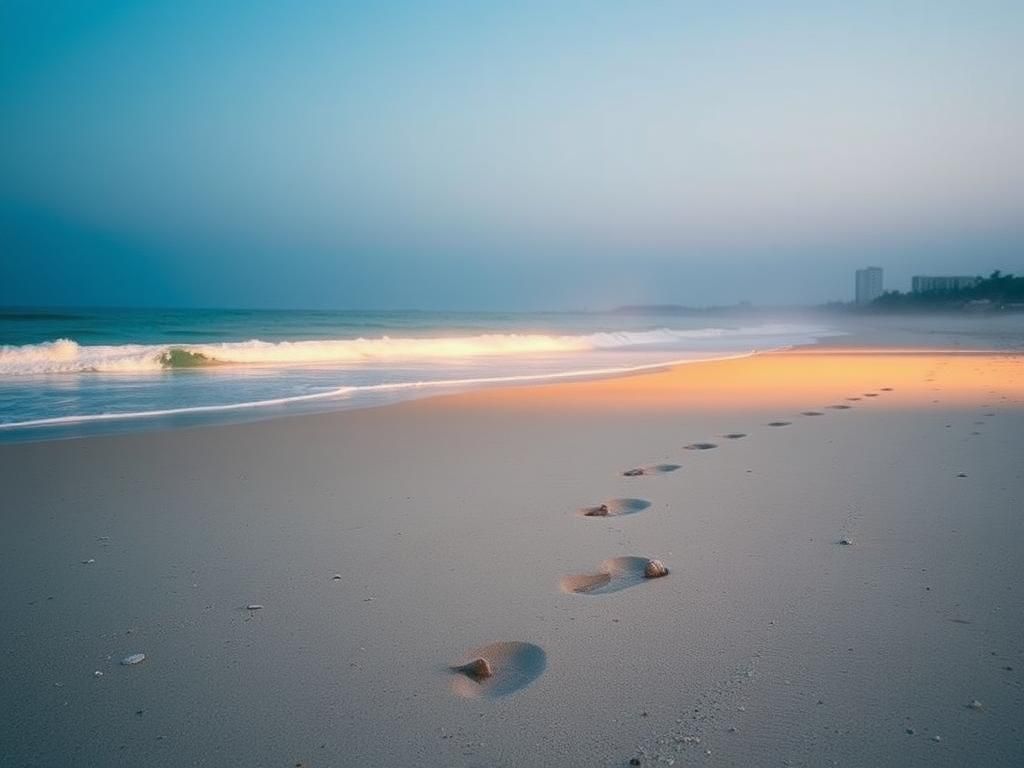 Flick International Serene beach scene at dawn with gentle waves and footprints leading to the water