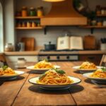 Flick International Warm kitchen scene with rustic wooden table and spaghetti plates