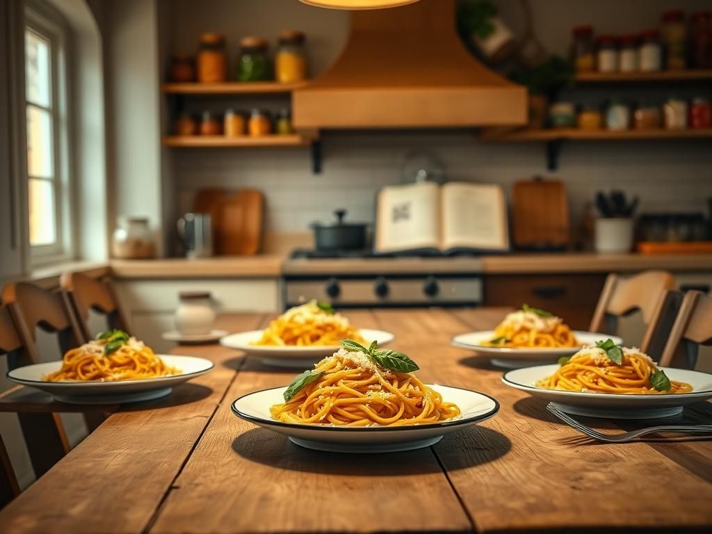 Flick International Warm kitchen scene with rustic wooden table and spaghetti plates