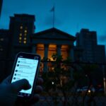 Flick International Dark urban landscape at dusk featuring a courthouse and blurred emails on a smartphone