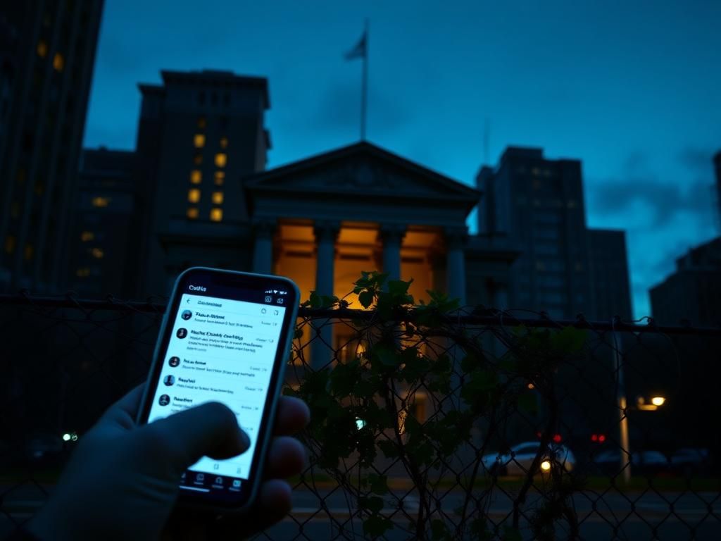 Flick International Dark urban landscape at dusk featuring a courthouse and blurred emails on a smartphone