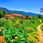 Flick International A vibrant vegetable garden in a serene blue zone landscape