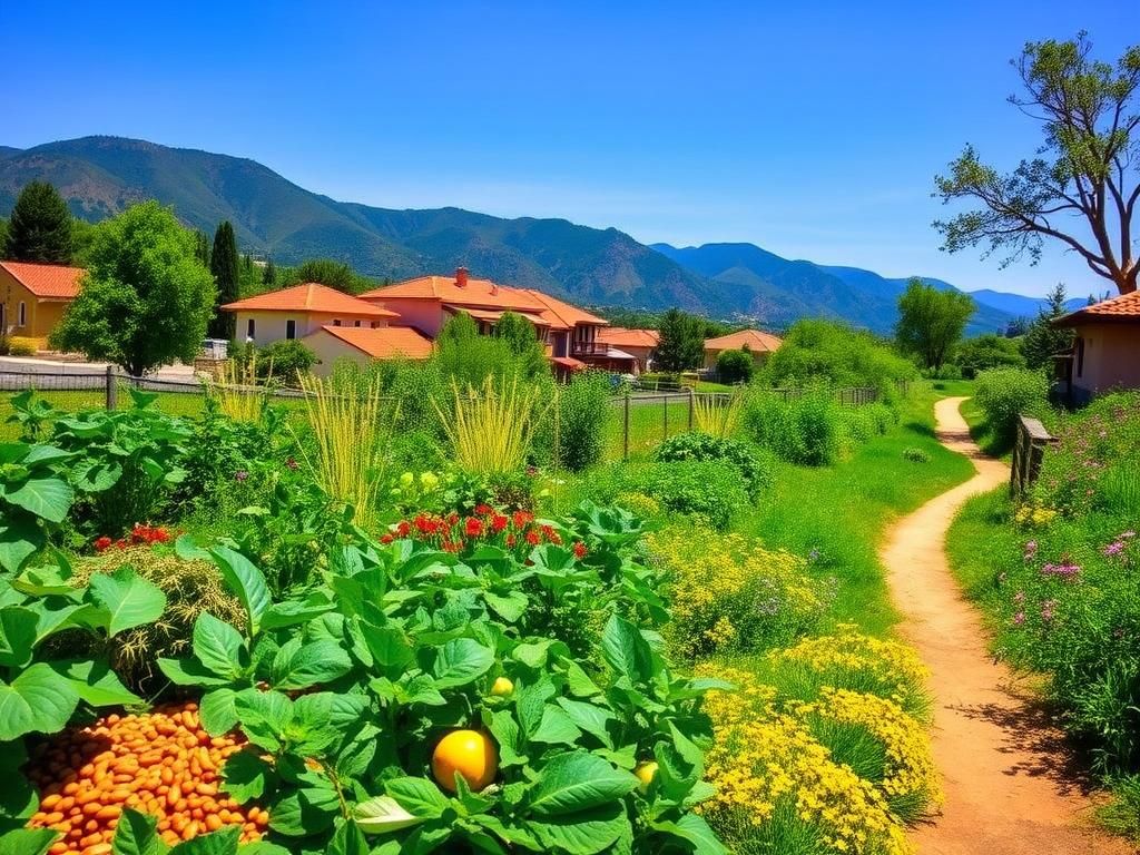 Flick International A vibrant vegetable garden in a serene blue zone landscape