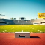 Flick International Empty track and field stadium with starting block symbolizing competition and debate