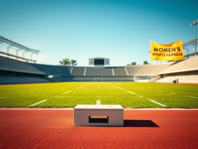 Flick International Empty track and field stadium with starting block symbolizing competition and debate