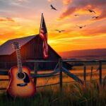 Flick International Vibrant rural landscape at sunset with rustic barn and American flag