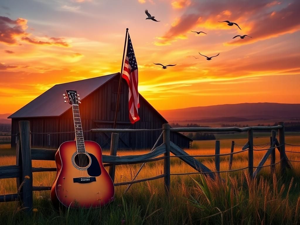 Flick International Vibrant rural landscape at sunset with rustic barn and American flag