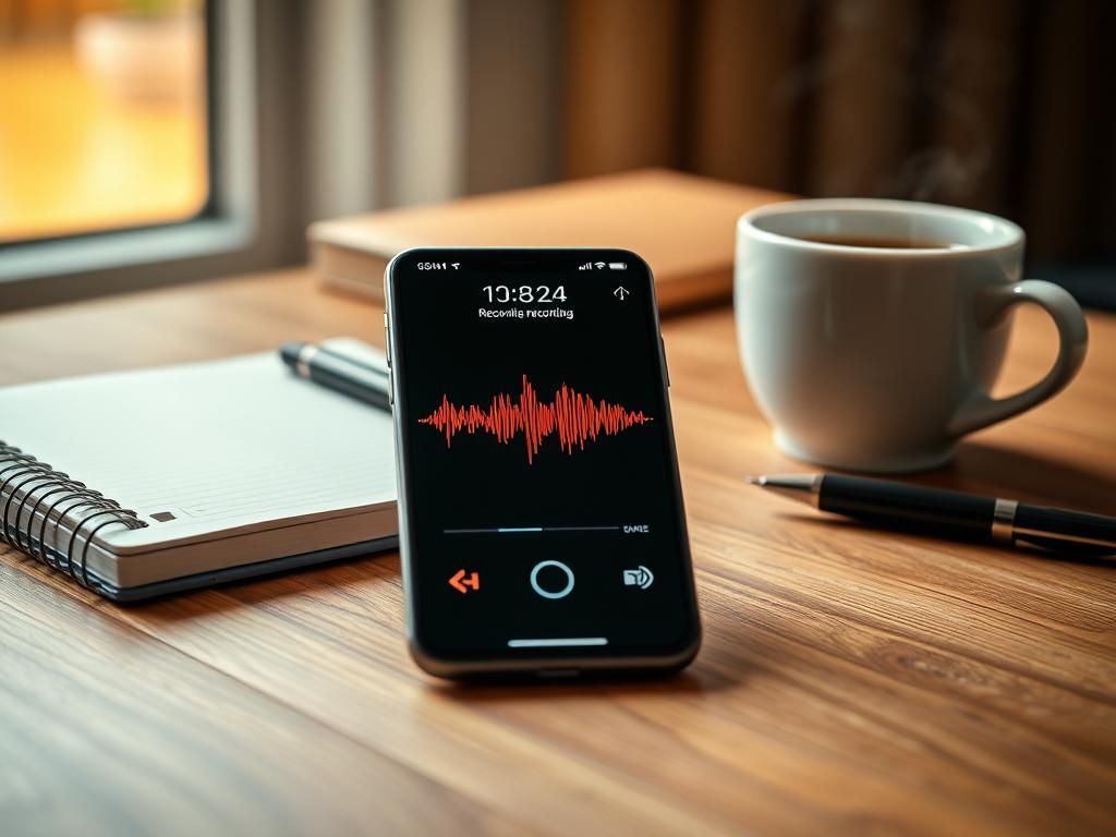 Flick International close-up of a modern smartphone on a wooden desk displaying a voice recording app interface