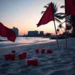 Flick International Serene beach scene at dawn with red flags indicating hazardous conditions