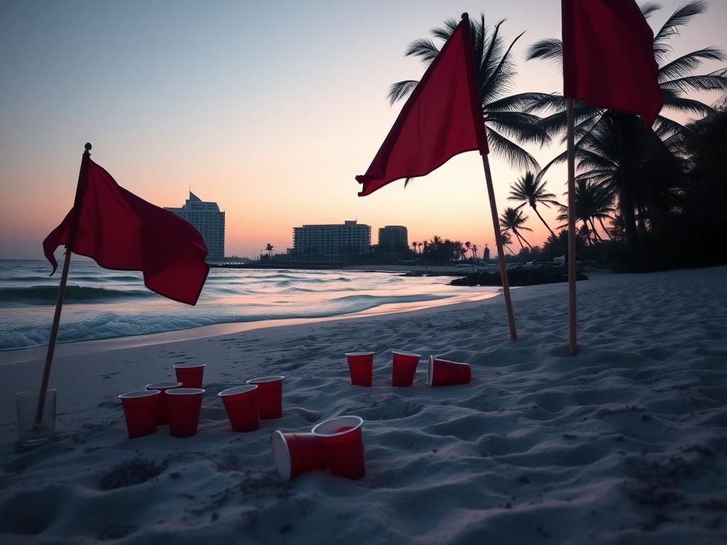 Flick International Serene beach scene at dawn with red flags indicating hazardous conditions