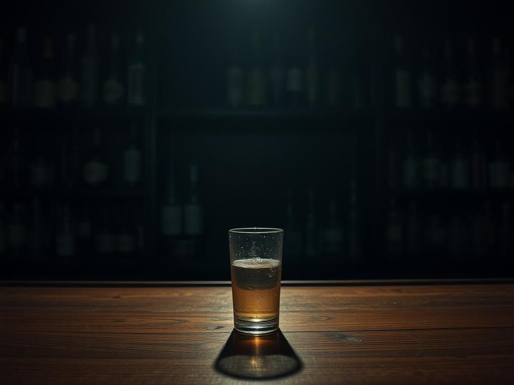 Flick International dimly lit bar scene with empty alcohol bottles and glasses