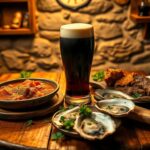 Flick International Cozy scene with a rustic wooden table featuring Guinness and traditional Irish foods