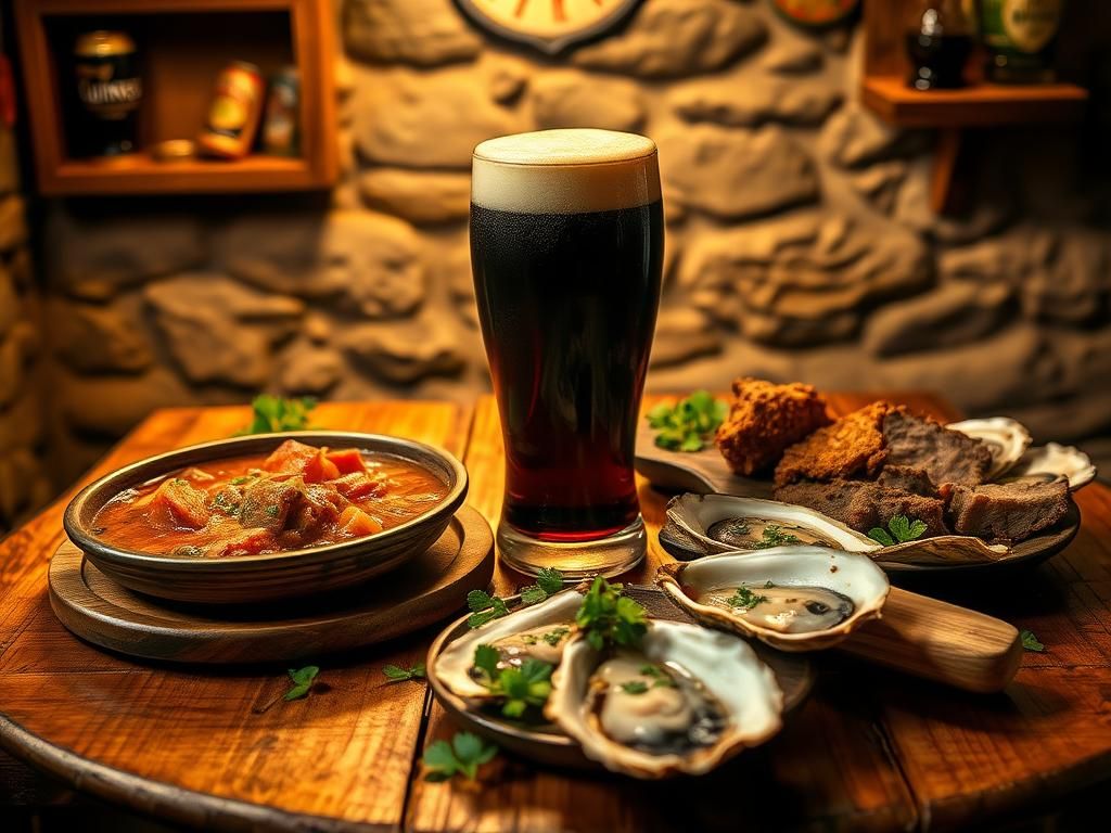 Flick International Cozy scene with a rustic wooden table featuring Guinness and traditional Irish foods