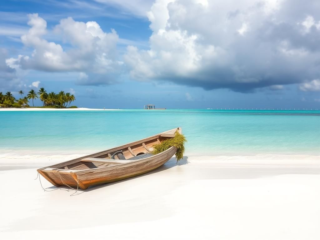 Flick International Abandoned fishing boat on the beach of Turks and Caicos with turquoise waters