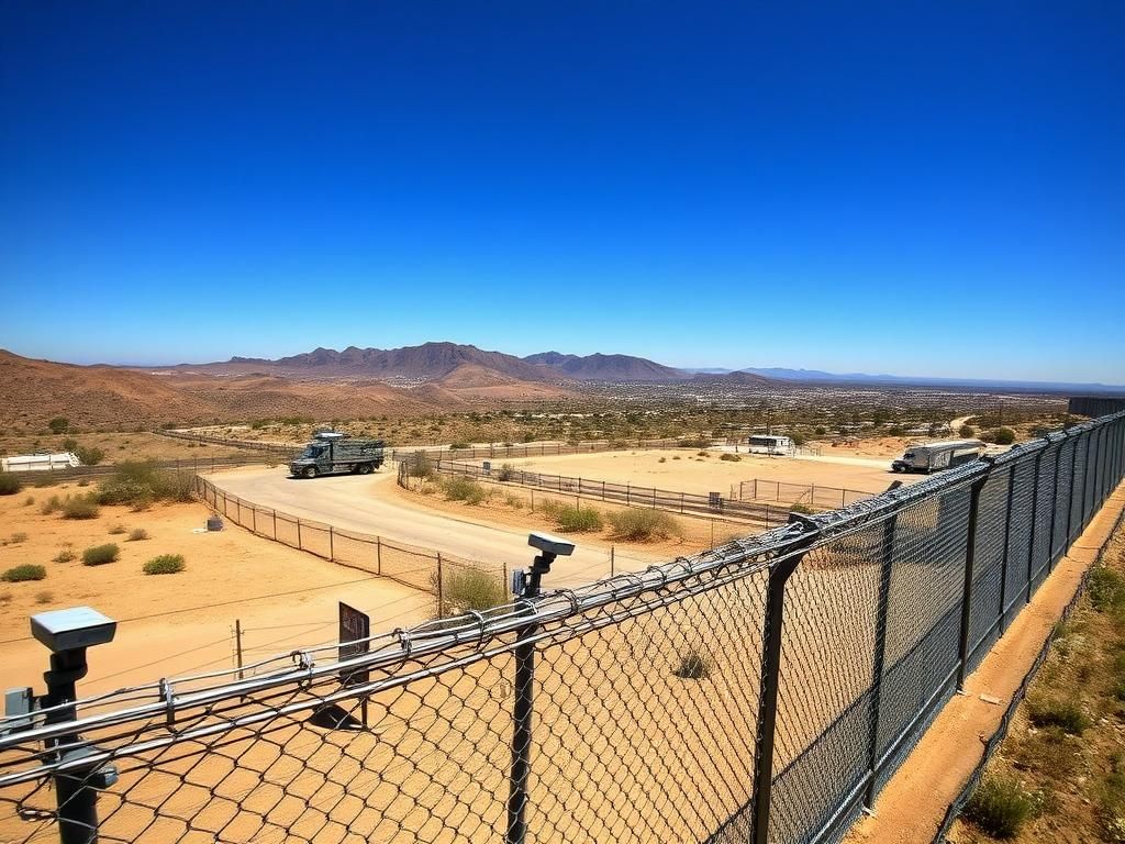 Flick International Wide-angle view of the U.S.-Mexico border showing a rugged landscape with security measures