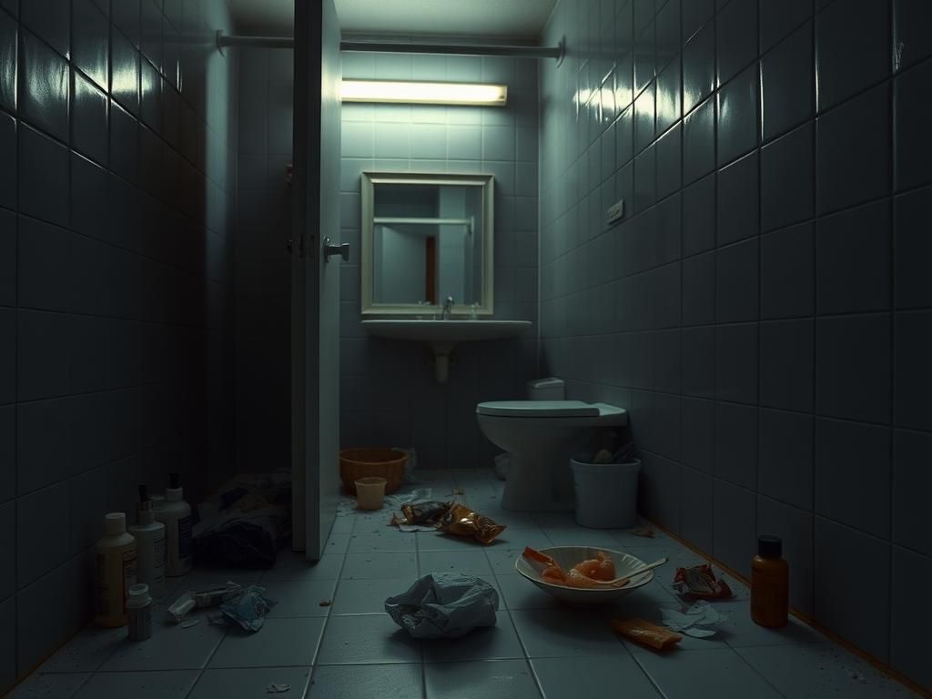 Flick International Dimly lit bathroom scene illustrating secrecy and shame related to eating disorders