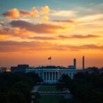 Flick International Dawn view of the Washington, D.C. skyline featuring the White House and intertwined Irish and American flags