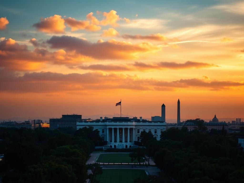 Flick International Dawn view of the Washington, D.C. skyline featuring the White House and intertwined Irish and American flags