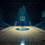 Flick International Empty basketball court in a dimly lit gymnasium depicting rivalry and tension