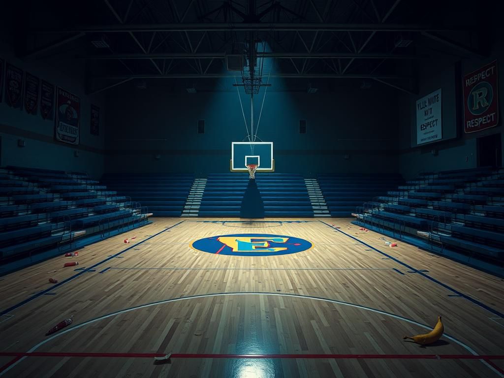 Flick International Empty basketball court in a dimly lit gymnasium depicting rivalry and tension