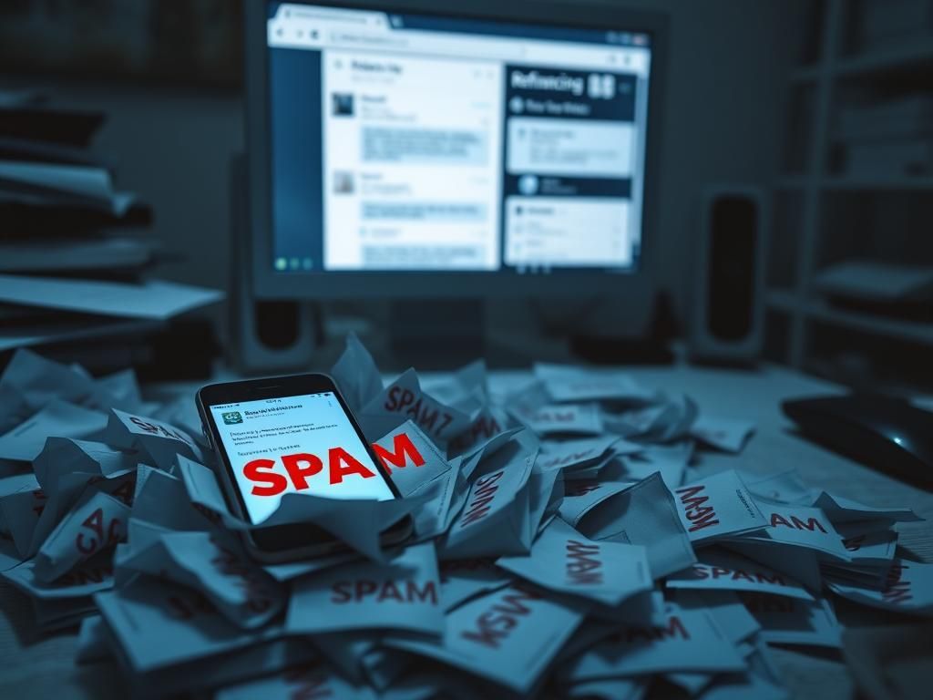 Flick International Cluttered desk with smartphone displaying unread spam messages