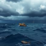 Flick International Dramatic scene of a weather-worn fishing boat adrift in turbulent Pacific Ocean waters under dark storm clouds