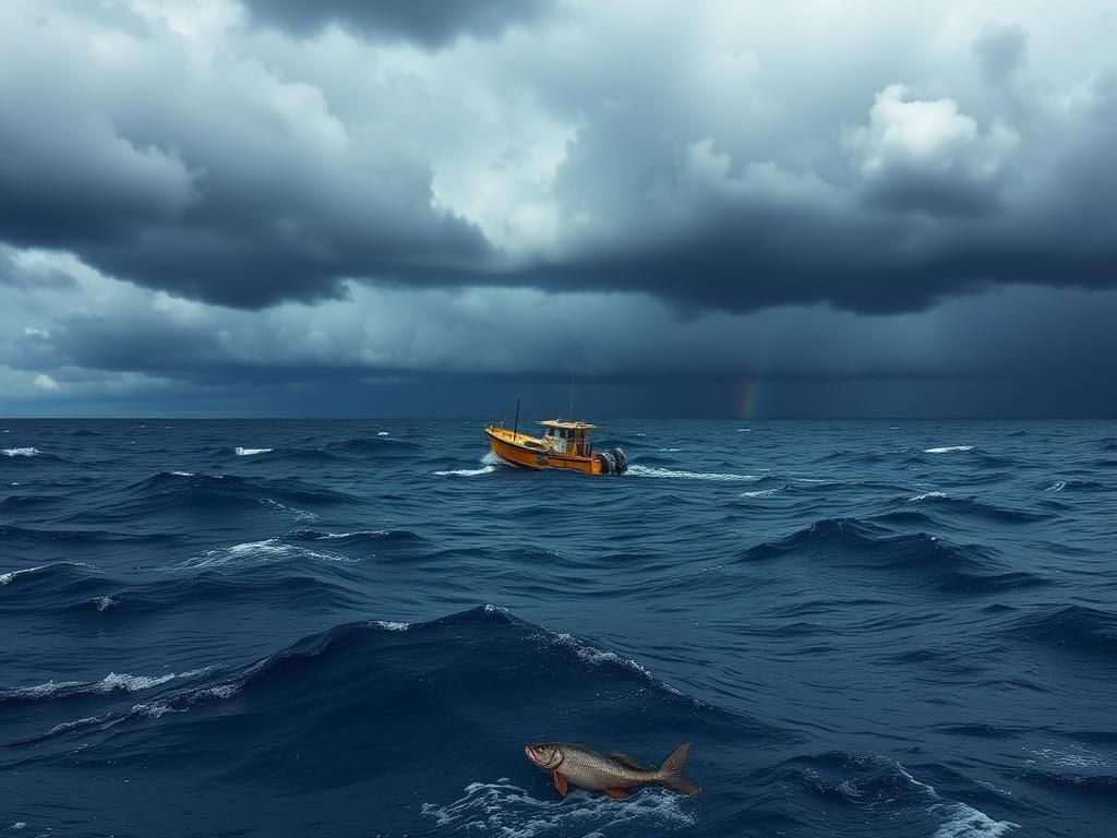 Flick International Dramatic scene of a weather-worn fishing boat adrift in turbulent Pacific Ocean waters under dark storm clouds