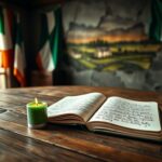 Flick International Close-up of a weathered wooden table with Irish flags, a green candle, and handwritten notes