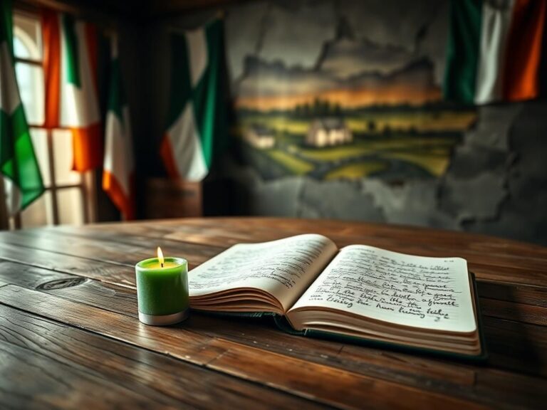 Flick International Close-up of a weathered wooden table with Irish flags, a green candle, and handwritten notes