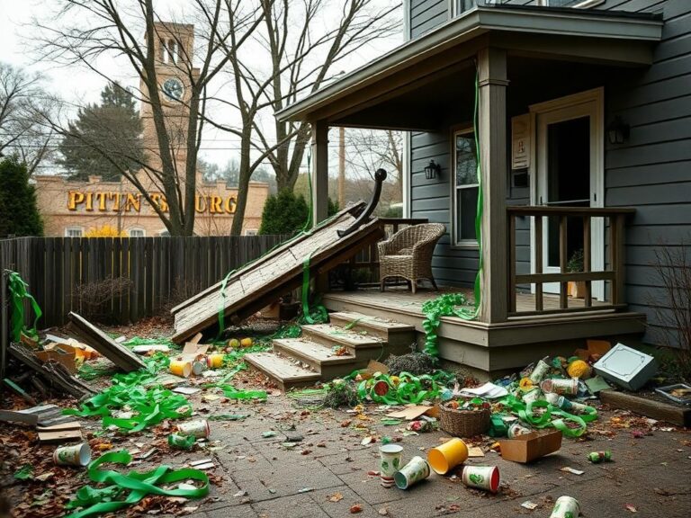 Flick International Partial roof collapse at a St. Patrick's Day party near the University of Pittsburgh, with debris scattered around