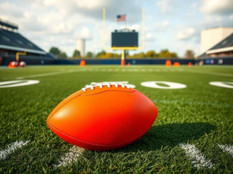 Flick International A bright orange and navy blue football on a vibrant NFL scouting combine field