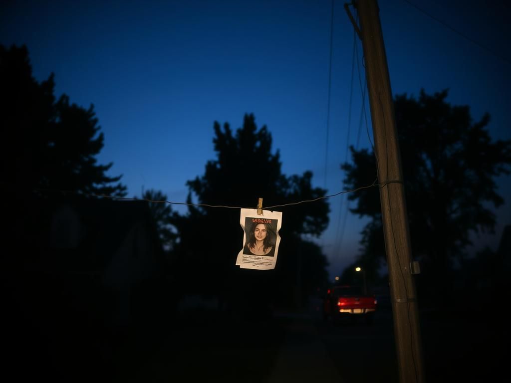 Flick International Dimly lit suburban house with a 'missing person' poster during twilight